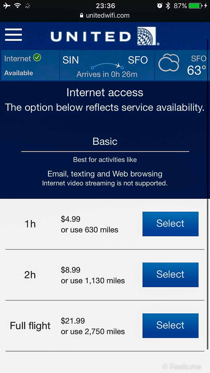 United UA2 SIN SFO: Wifi Price