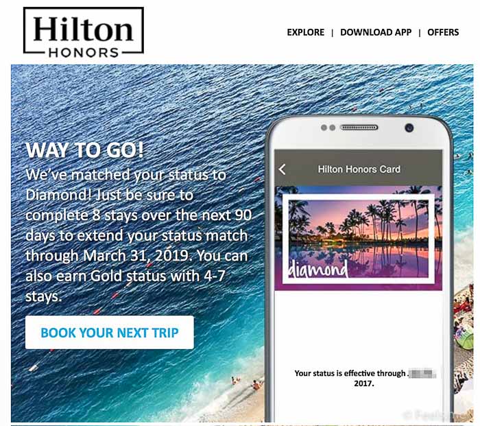 Run for Diamond Hilton Status Match 2017 Confirmation for Status Match